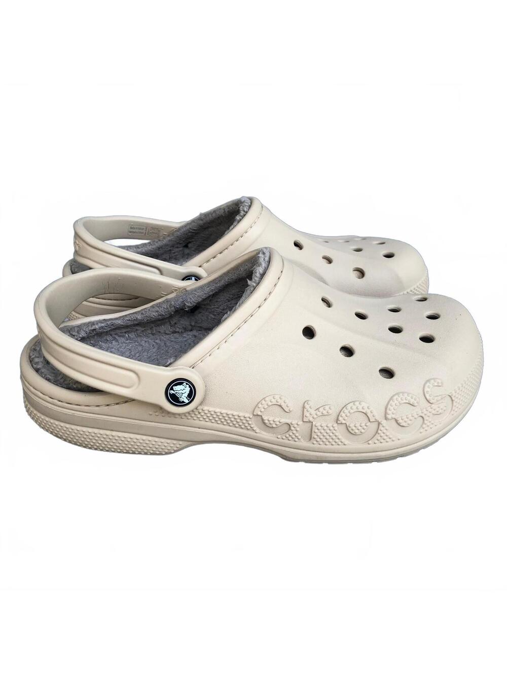 Crocs Baya Classic Lined Clogs in Beige with Gray Fleece Lining, Size 9 M/ 11 W
